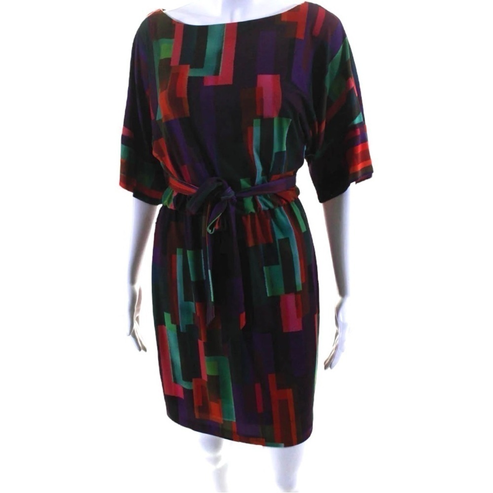 Trina Turk Designer Abstract Geometric Print Blouson Dress in Multi Jewel Tones